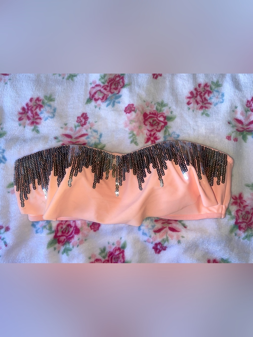 Miss Me Peach Pink Strapless bathing suit, bikini top with Sequin Trim